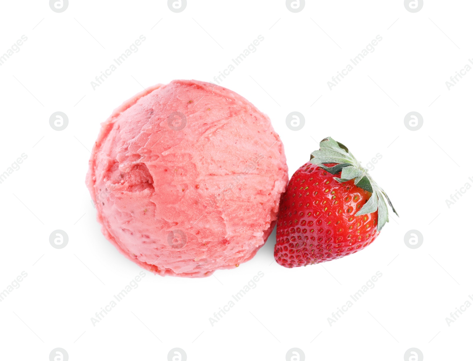 Photo of Scoop of delicious ice cream with strawberry on white background, top view