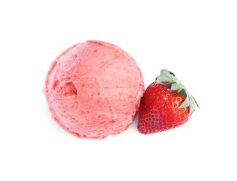 Photo of Scoop of delicious ice cream with strawberry on white background, top view
