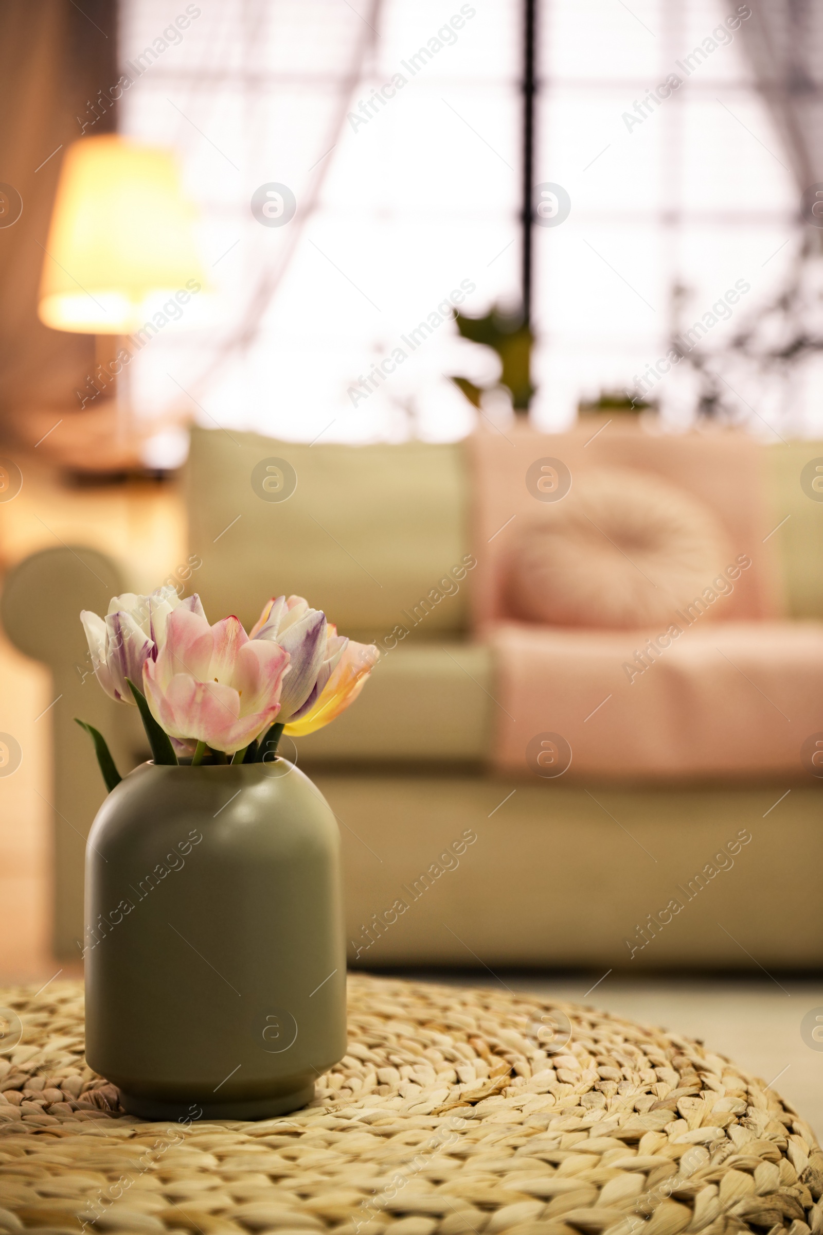 Photo of Beautiful flowers on table in cozy living room, space for text. Stylish interior design
