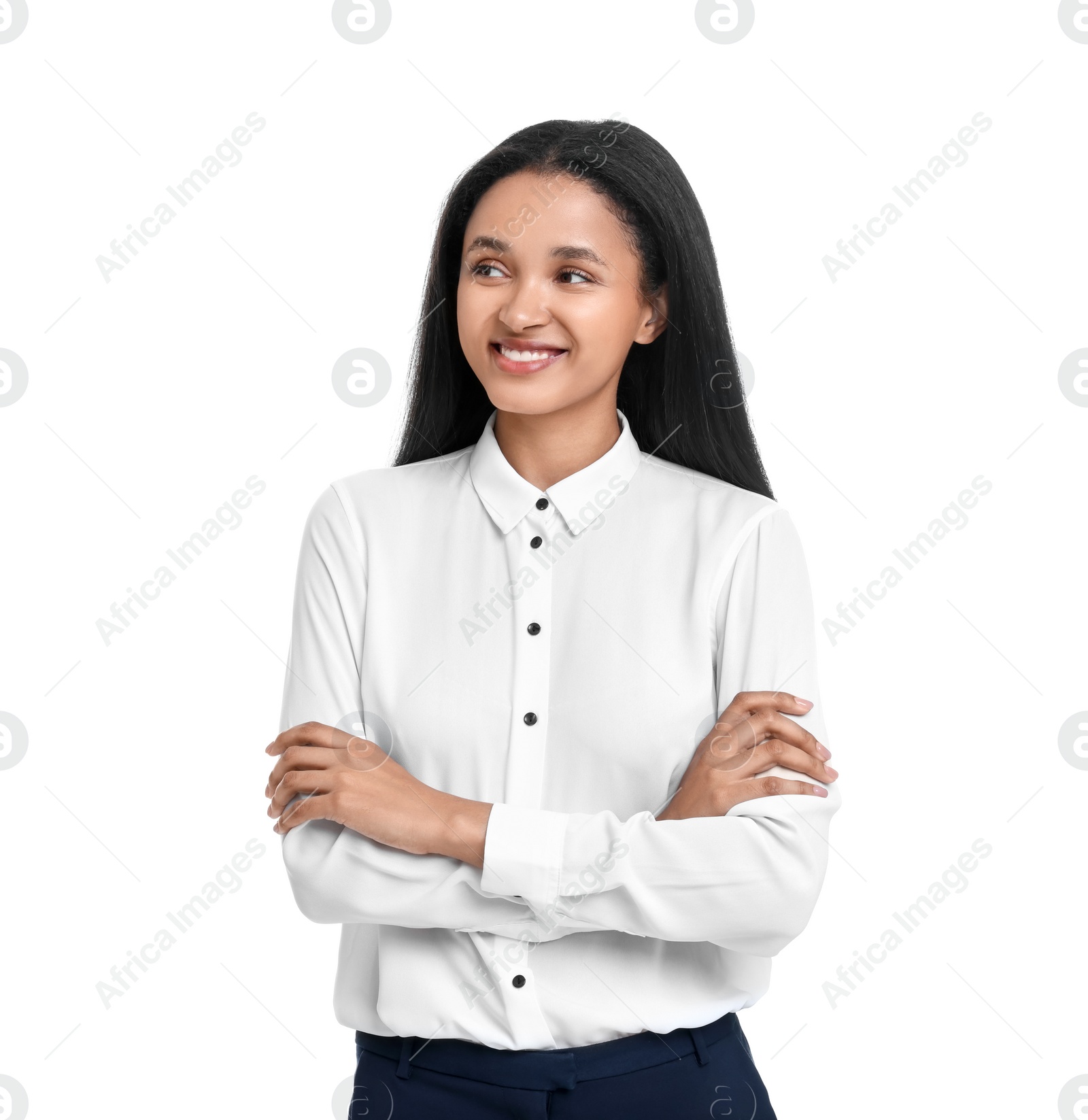 Photo of Portrait of beautiful secretary on white background