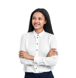 Portrait of beautiful secretary on white background