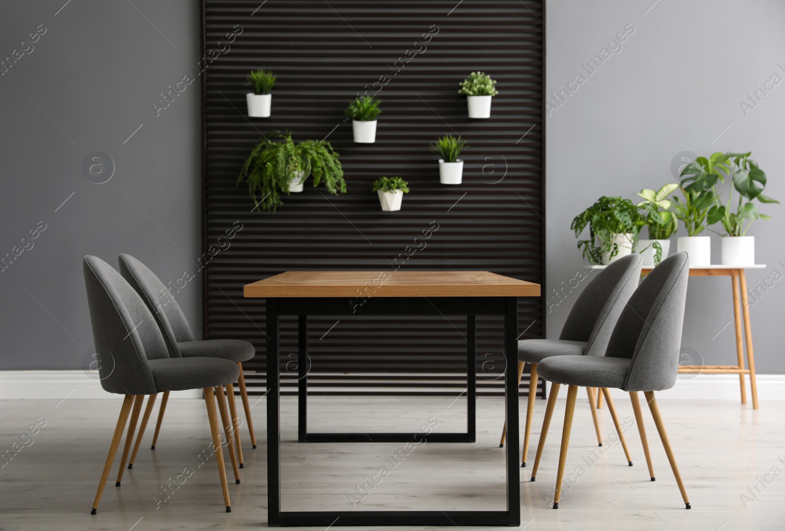 Photo of Stylish room with table, chairs and plants. Interior design