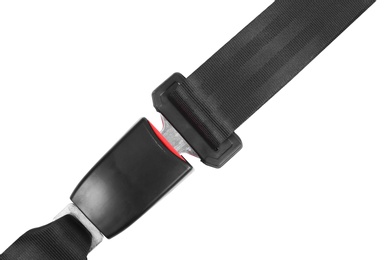 Fastened car safety seat belt on white background, top view