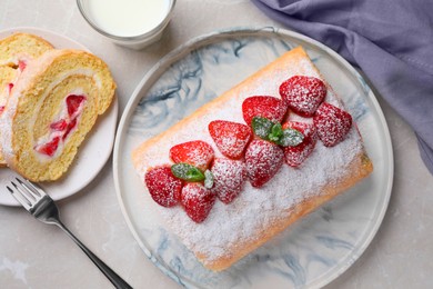 Photo of Delicious cake roll with strawberries and milk on light gray table, flat lay