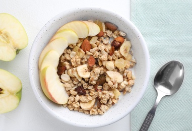 Photo of Flat lay composition with muesli and apples on white wooden table. Healthy breakfast