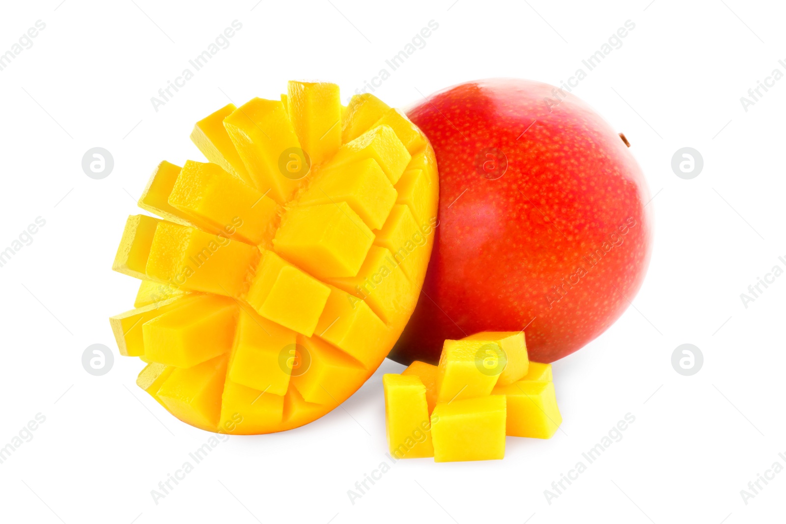 Photo of Whole and cut ripe mangoes isolated on white. Exotic fruit