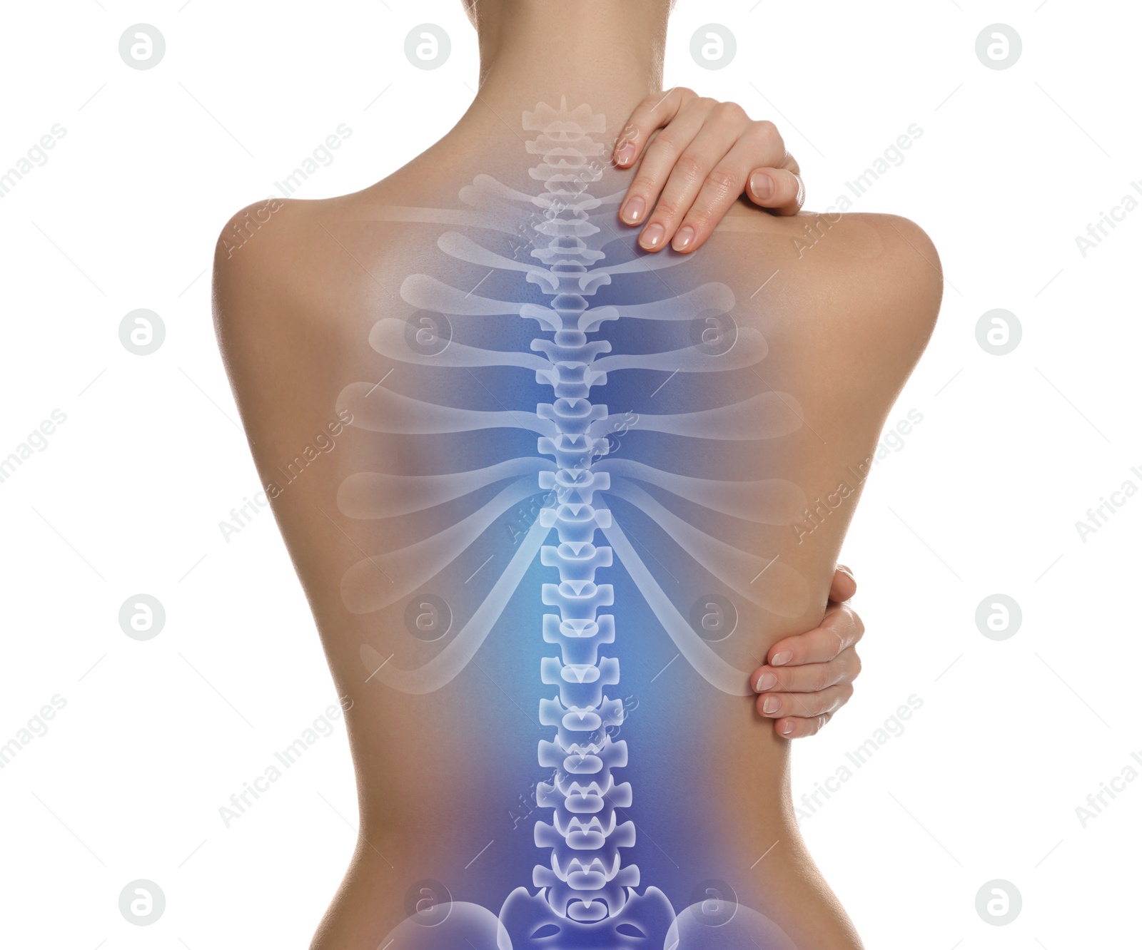 Image of Woman with healthy spine on white background, back view