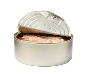 Photo of Open tin can of salmon isolated on white