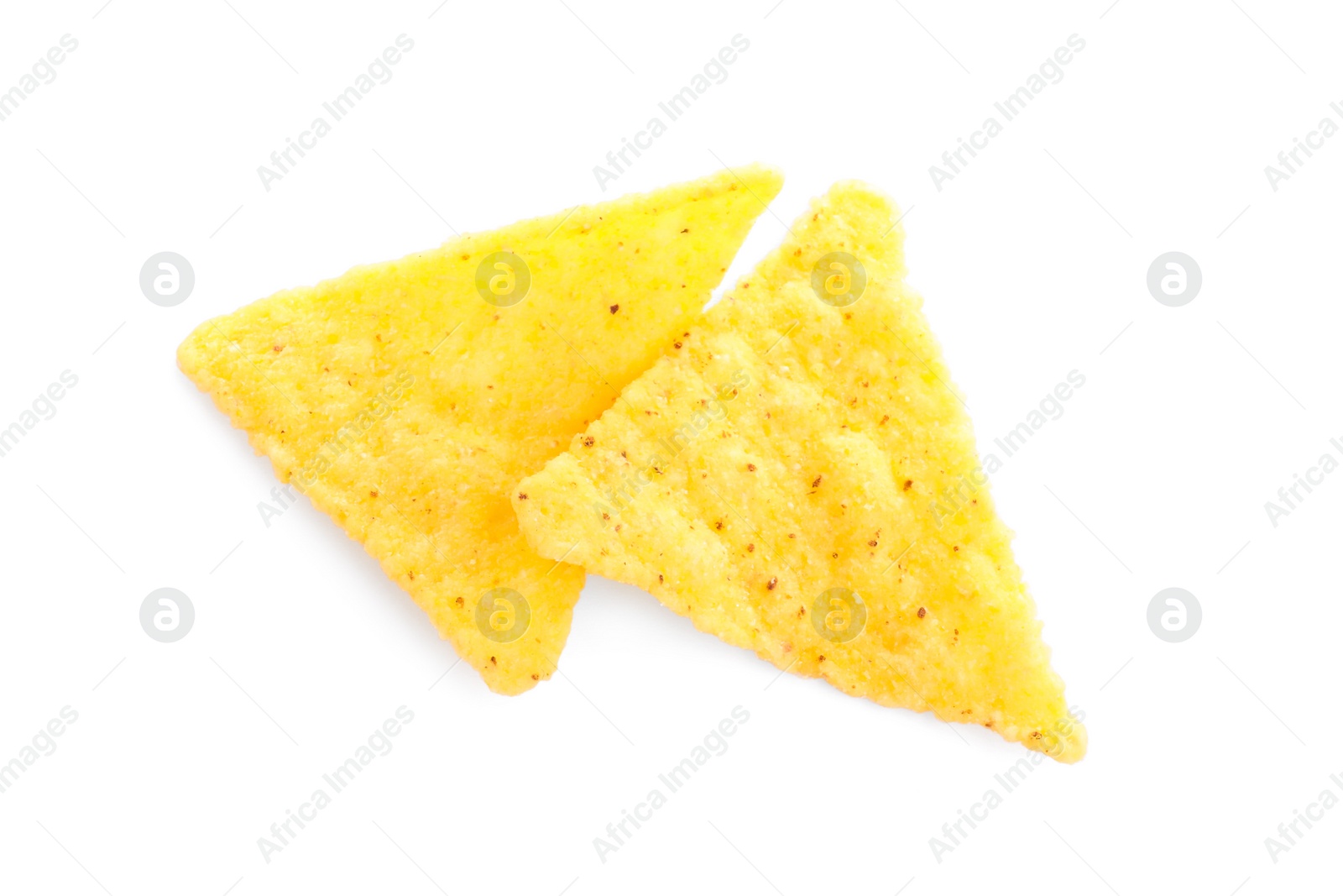 Photo of Tasty tortilla chips (nachos) on white background, top view