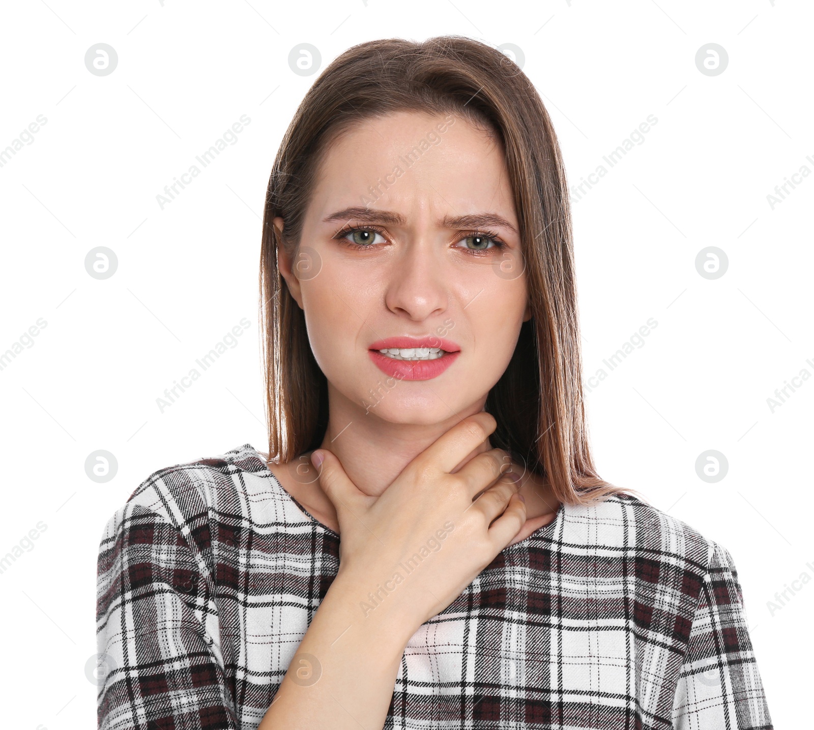 Photo of woman suffering from throat pain on white background