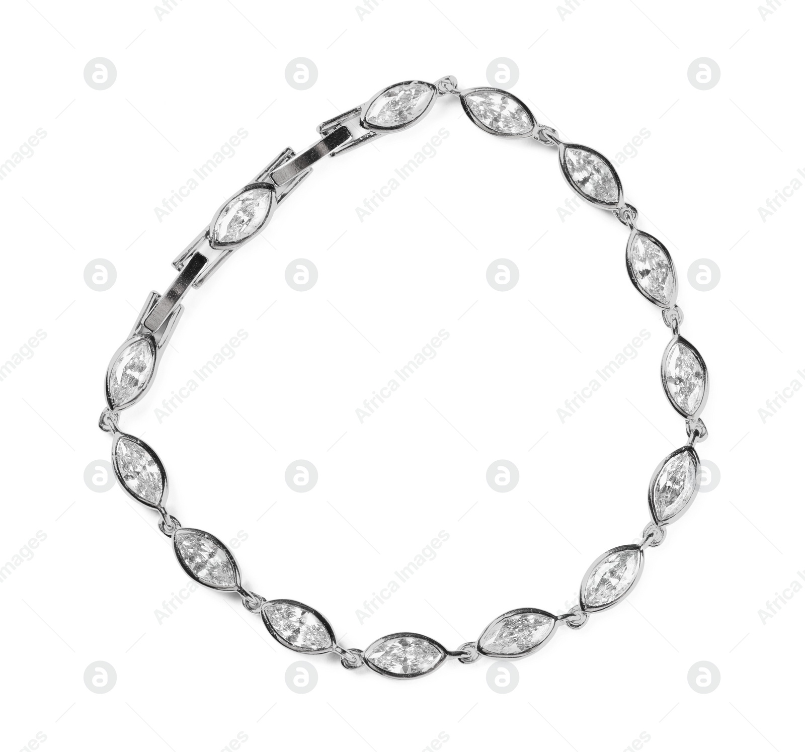 Photo of Elegant silver bracelet with gemstones isolated on white, top view. Luxury jewelry