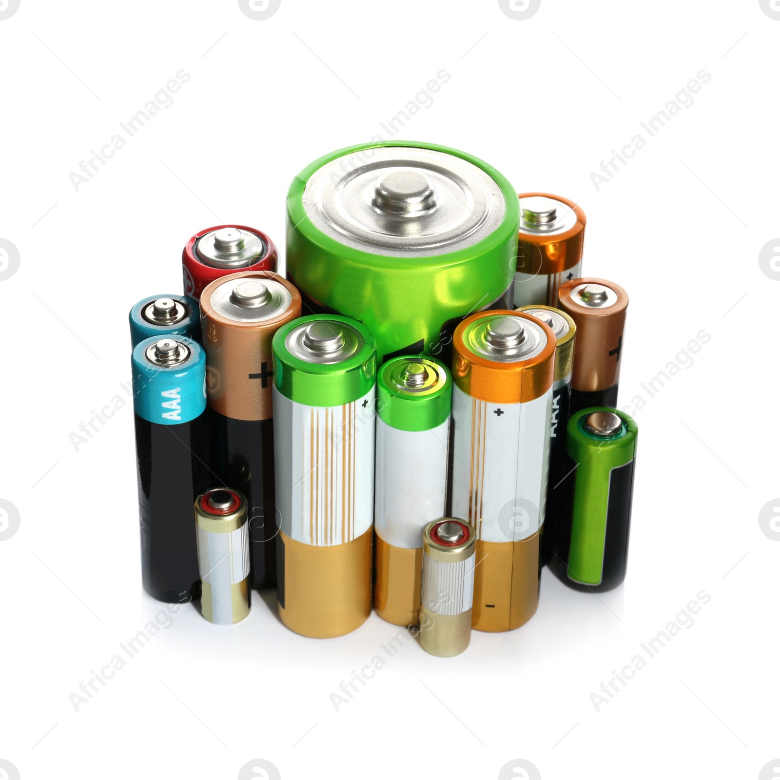 Image of Many batteries of different types on white background