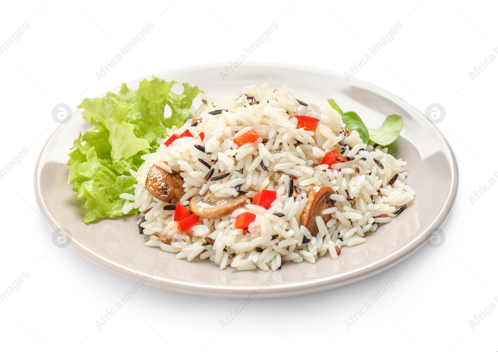 Photo of Delicious rice pilaf with mushrooms isolated on white