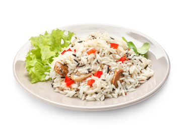 Delicious rice pilaf with mushrooms isolated on white