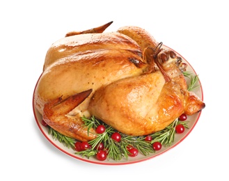 Platter of cooked turkey with garnish on white background