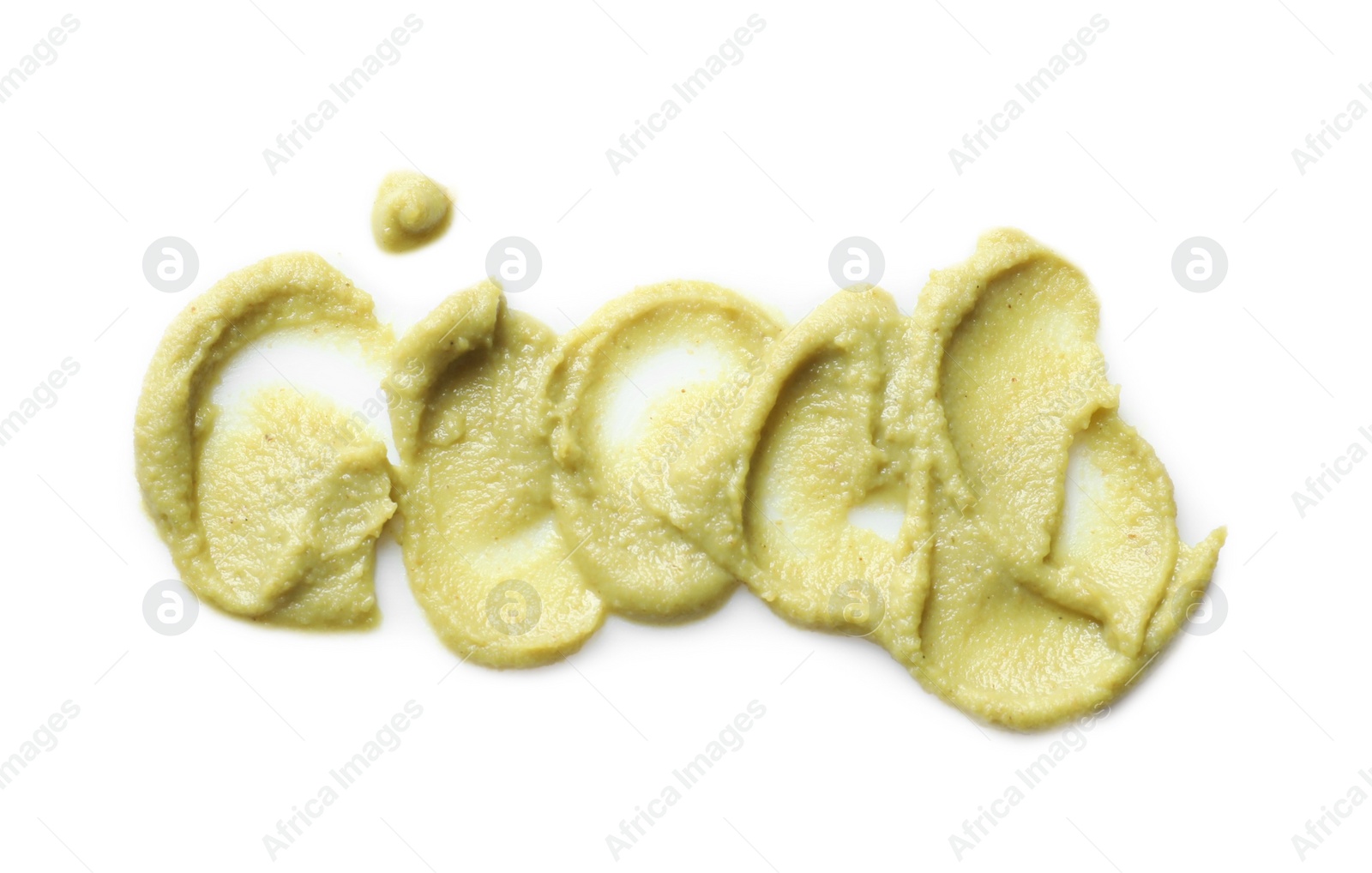 Photo of Delicious spicy wasabi on white background, top view. Traditional sauce