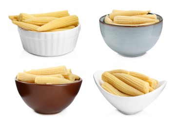 Image of Set with tasty baby corn cobs on white background