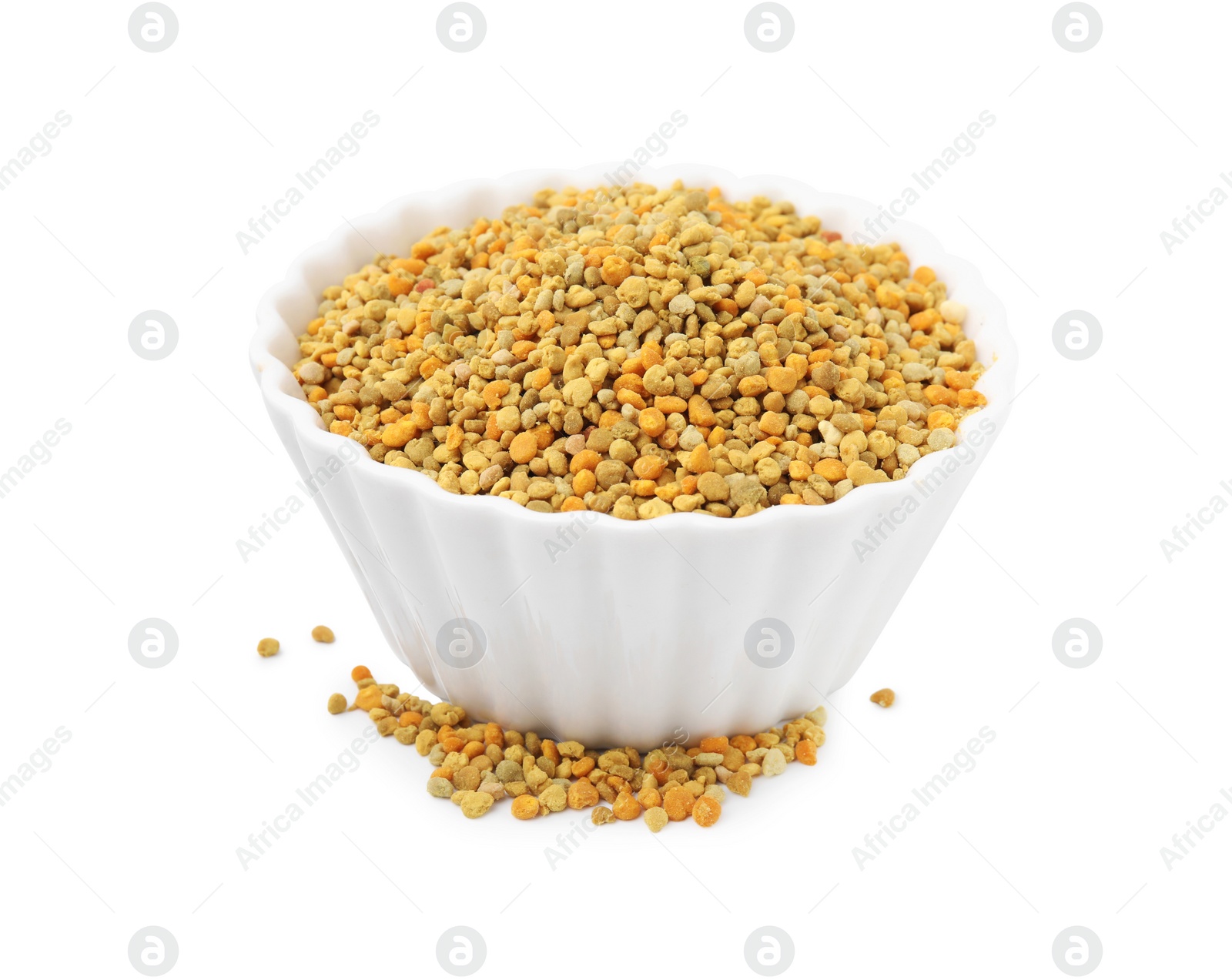 Photo of Fresh bee pollen granules in bowl isolated on white