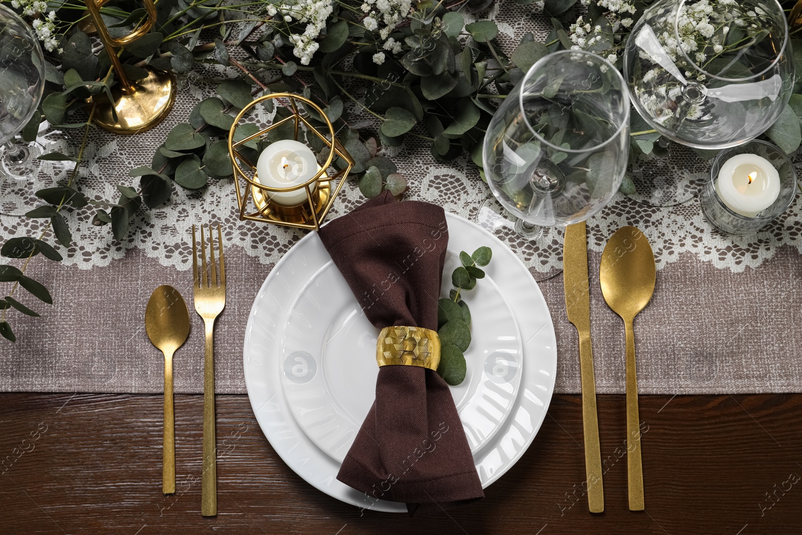 Photo of Stylish elegant table setting for festive dinner, flat lay