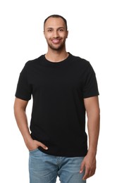 Man wearing black t-shirt on white background