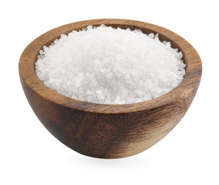 Photo of Natural salt in wooden bowl isolated on white