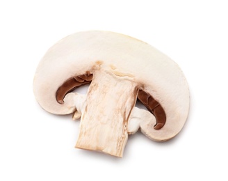 Photo of Slice of fresh champignon mushroom on white background, closeup