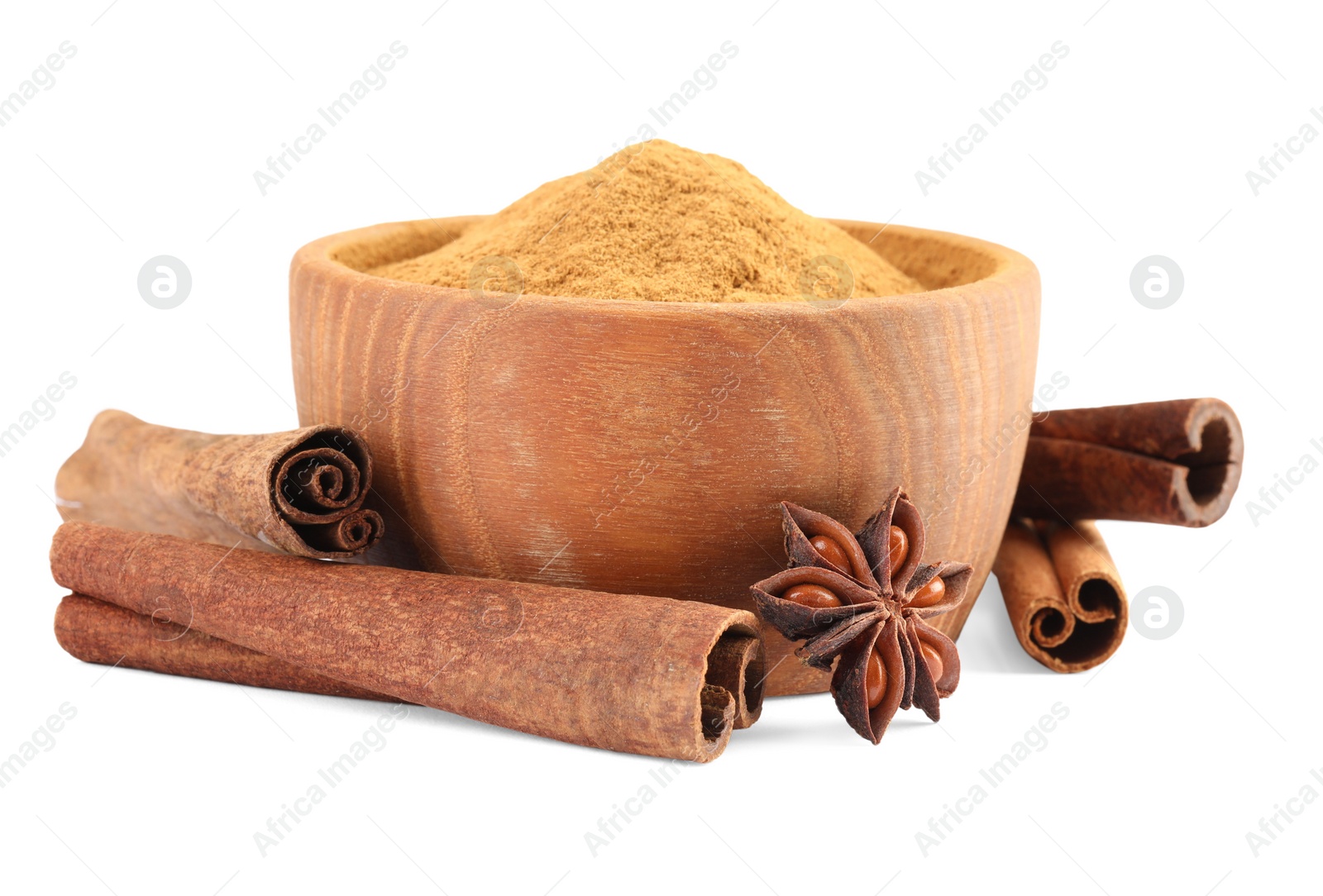 Photo of Dry aromatic cinnamon sticks, powder and anise star isolated on white