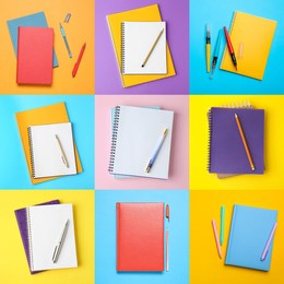 Image of Collage with photos of various notebooks and pens on different color backgrounds, top view