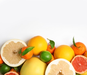 Photo of Different citrus fruits on white background, top view. Space for text