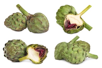 Image of Set with fresh raw artichokes on white background 