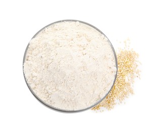 Photo of Bowl with quinoa flour and grains on white background, top view