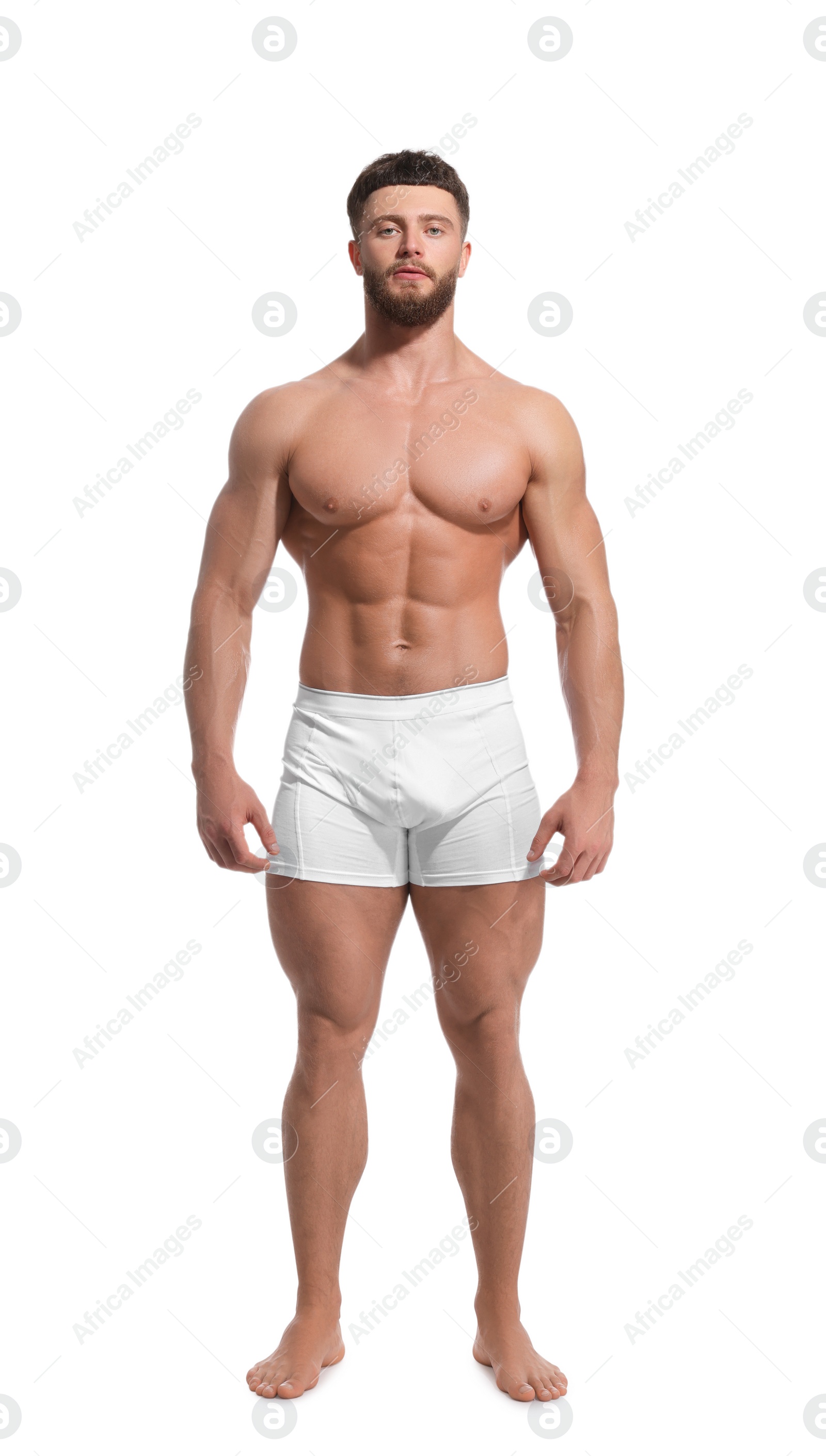 Photo of Handsome muscular man isolated on white. Sexy body