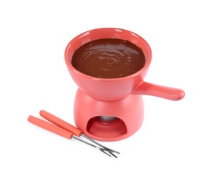 Photo of Fondue pot with melted chocolate and forks isolated on white