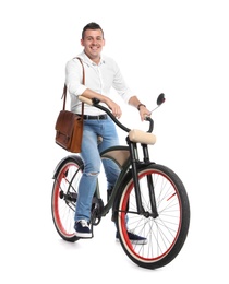 Photo of Portrait of handsome man with bicycle on white background