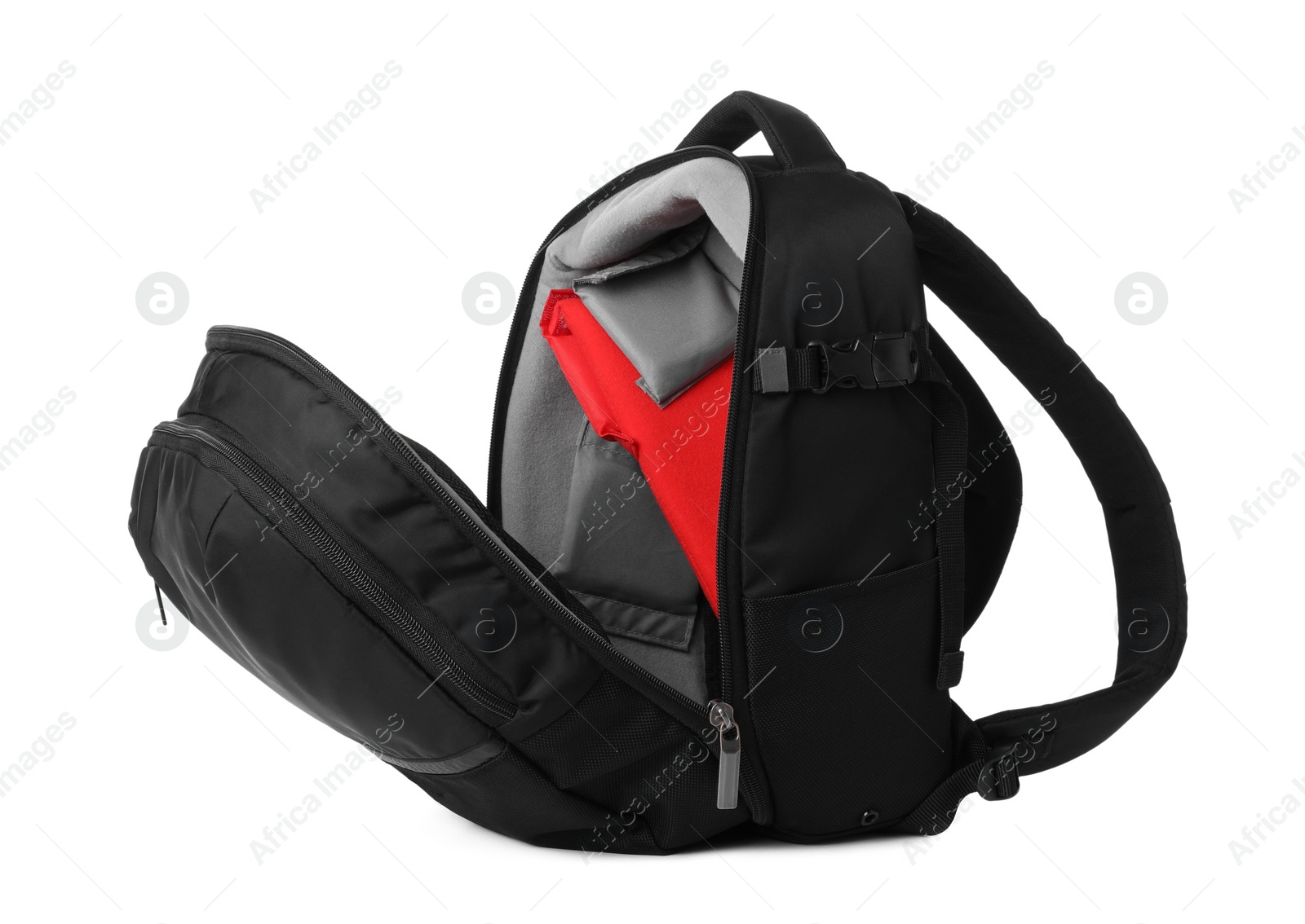 Photo of Backpack for camera isolated on white. Professional accessory