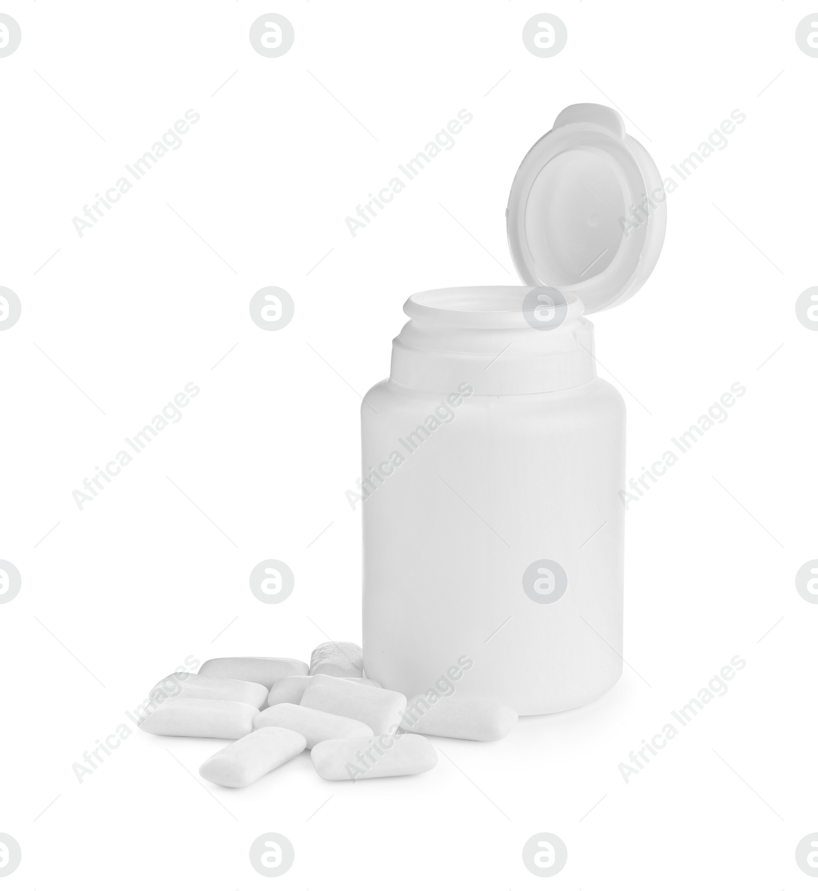Photo of Chewing gum pieces and jar on white background