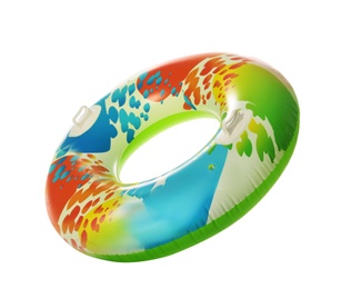 Photo of Bright inflatable ring on white background. Summer holidays