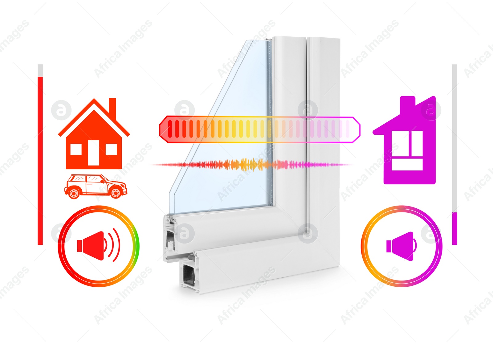 Image of Window profile sample and illustrations on white background demonstrating noise cancelling effect