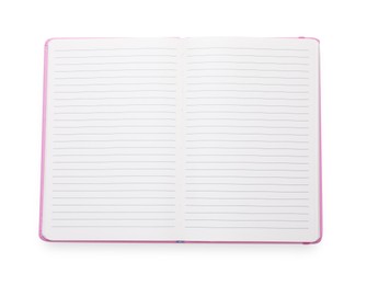 Photo of Open blank office notebook isolated on white, top view