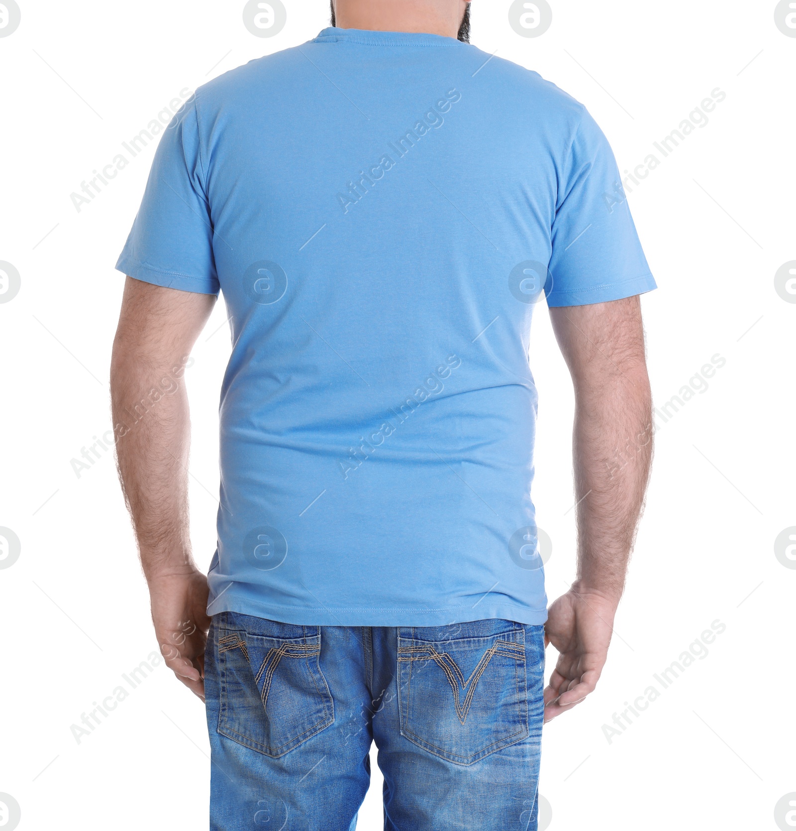 Photo of Overweight man isolated on white, closeup. Weight loss