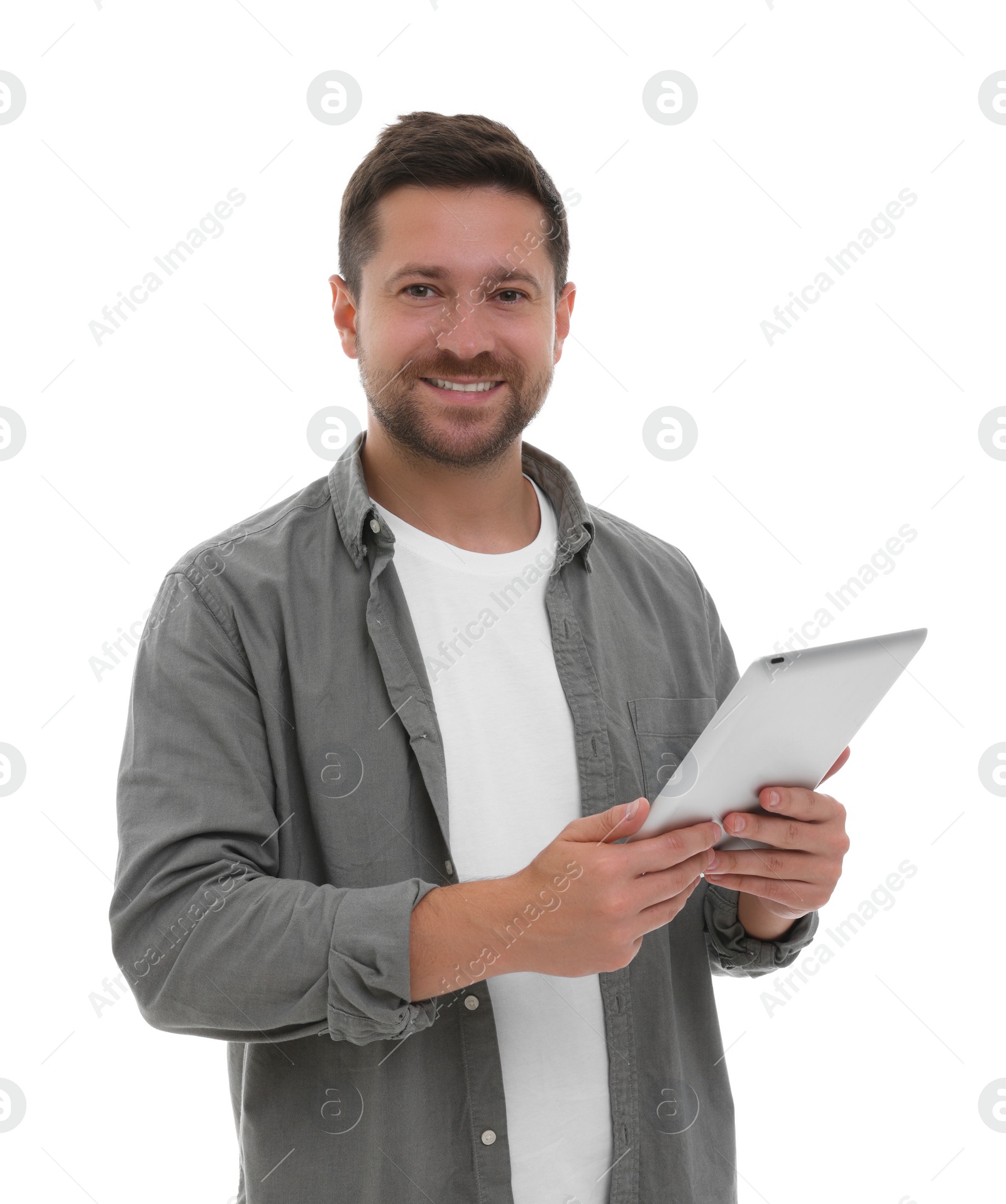 Photo of Happy man with tablet on white background