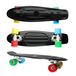 Black skateboards with colorful wheels on white background, collage. Sport equipment