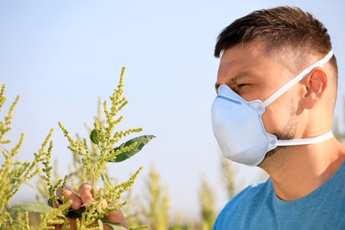 Man suffering from ragweed allergy outdoors on sunny day