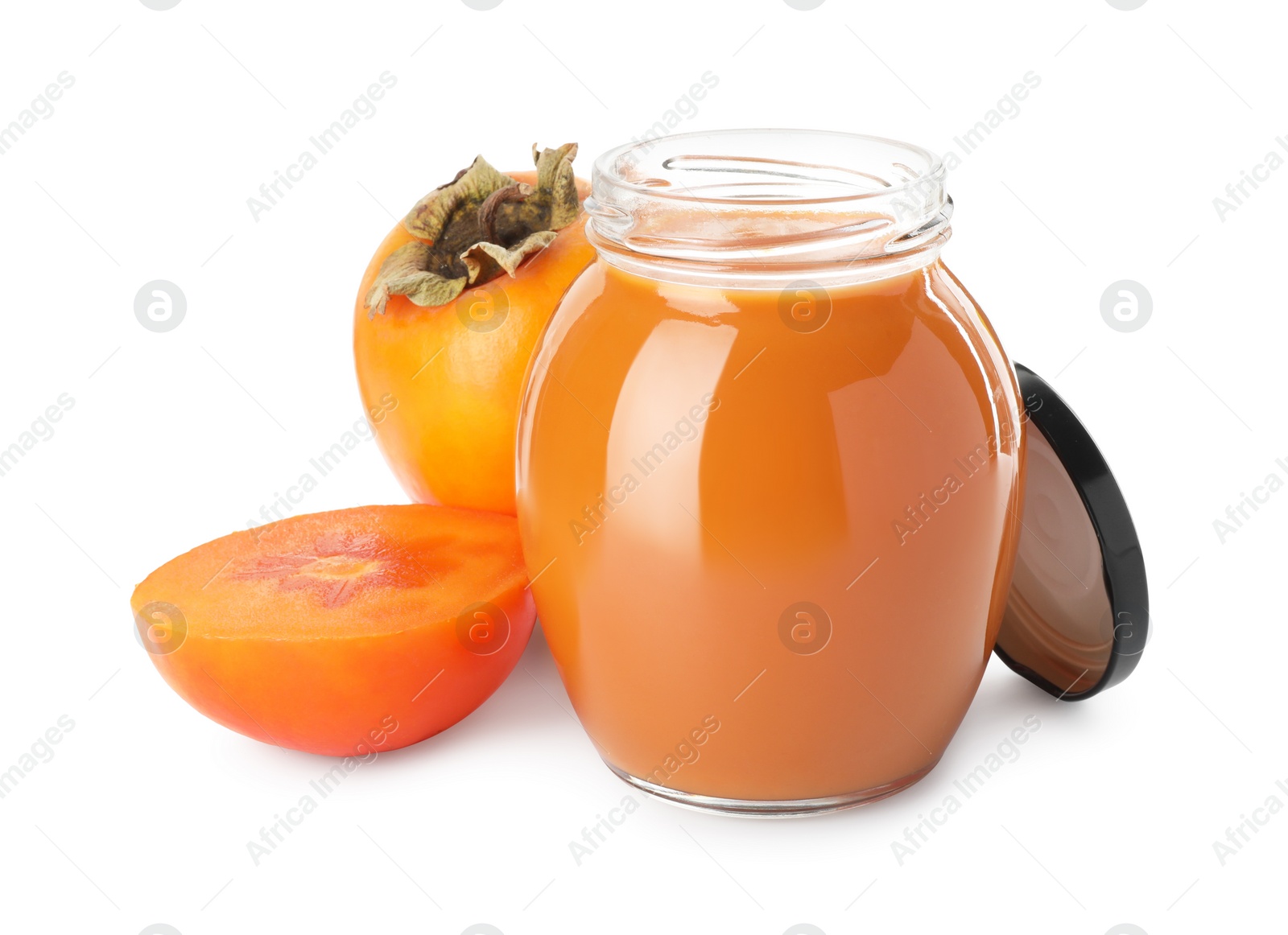 Photo of Delicious persimmon jam and fresh fruits isolated on white
