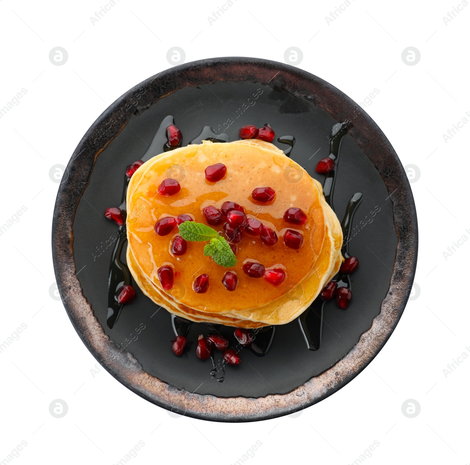 Photo of Plate with delicious pancakes on white background