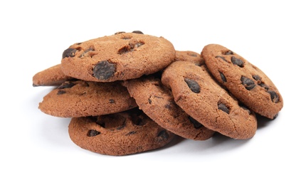 Pile of delicious chocolate chip cookies on white background