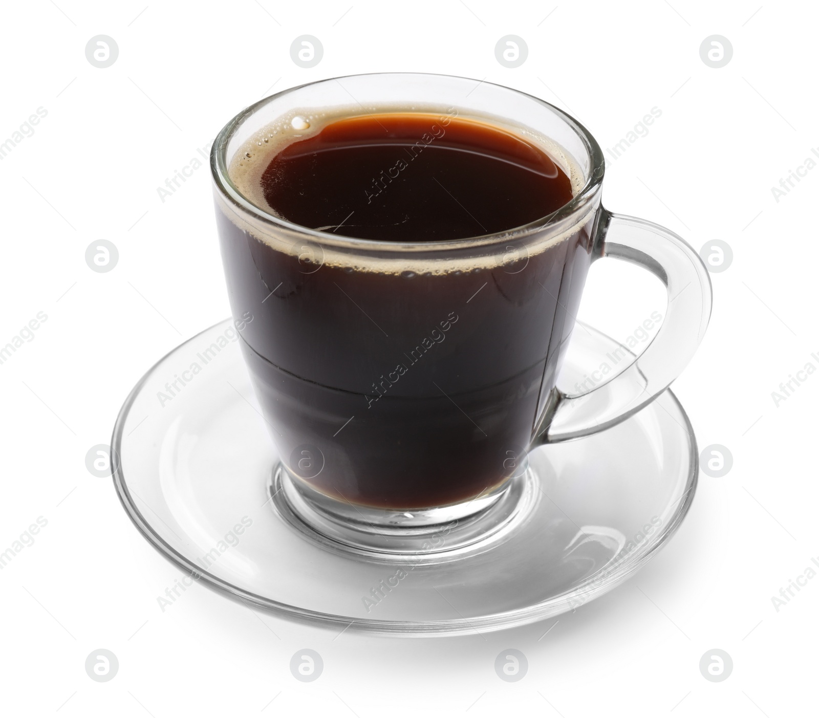 Photo of Aromatic coffee in glass cup isolated on white