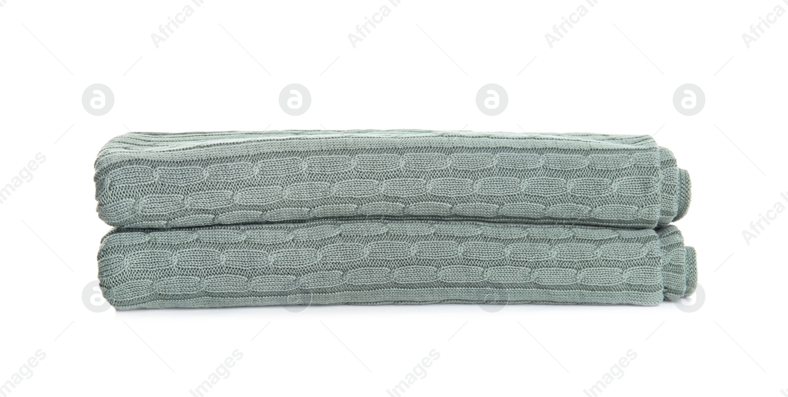 Photo of Stylish grey knitted plaid on white background