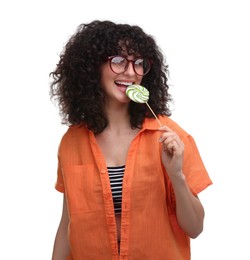 Beautiful woman with lollipop on white background