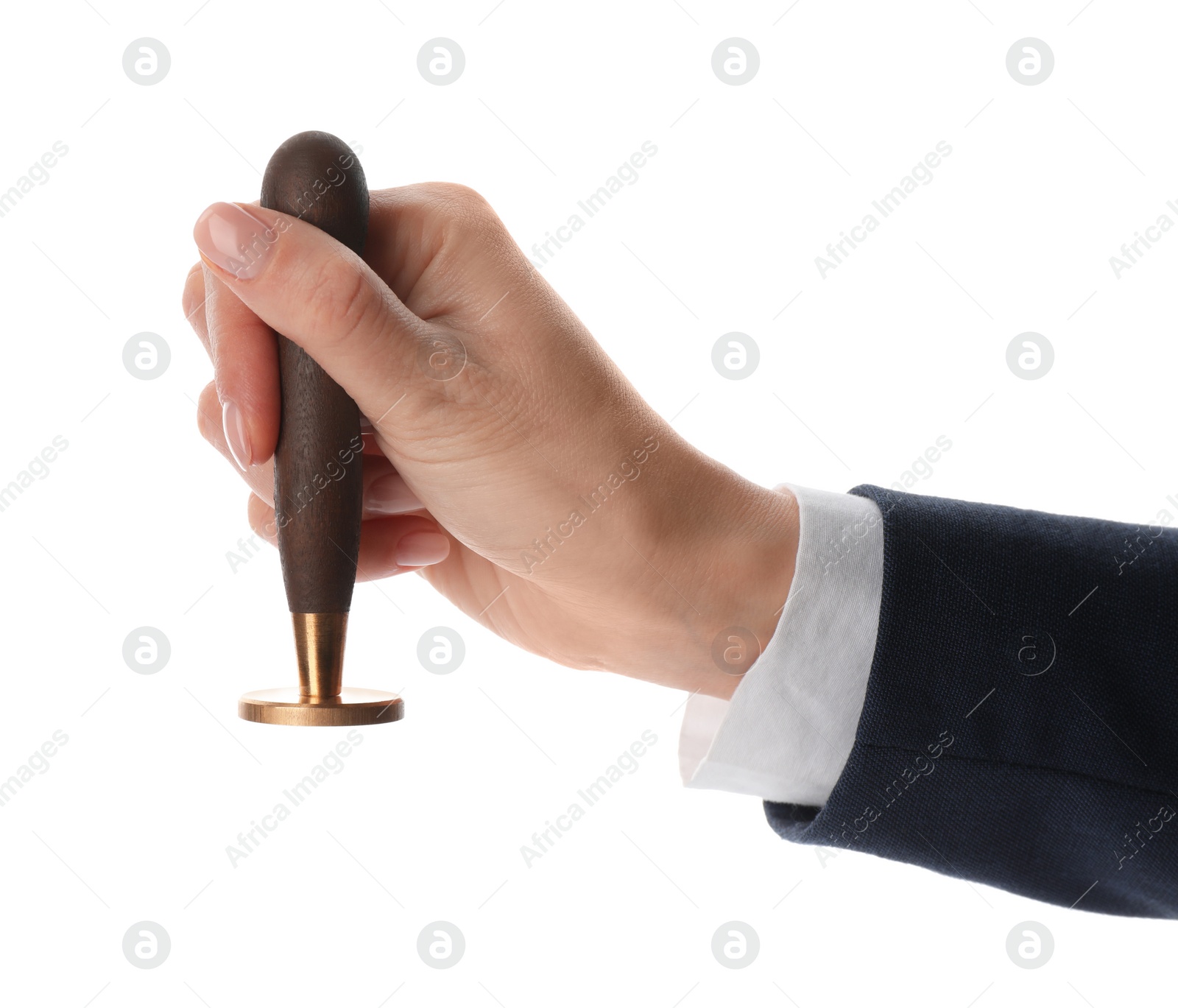 Photo of Man holding wooden stamp on white background, closeup